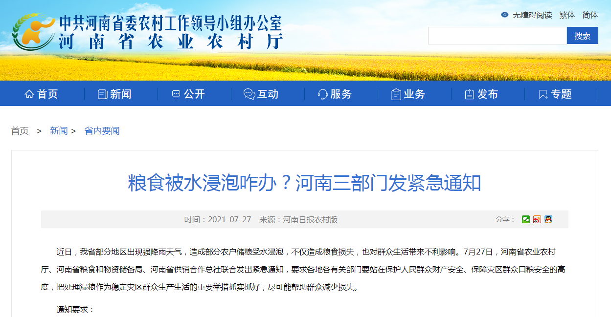 糧食被水浸泡咋辦？河南三部門發(fā)緊急通知