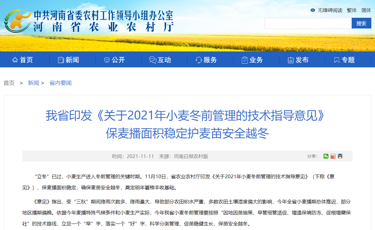 河南省印發(fā)《關(guān)于2021年小麥冬前管理的技術(shù)指導(dǎo)意見(jiàn)》 保麥播面積穩(wěn)定護(hù)麥苗