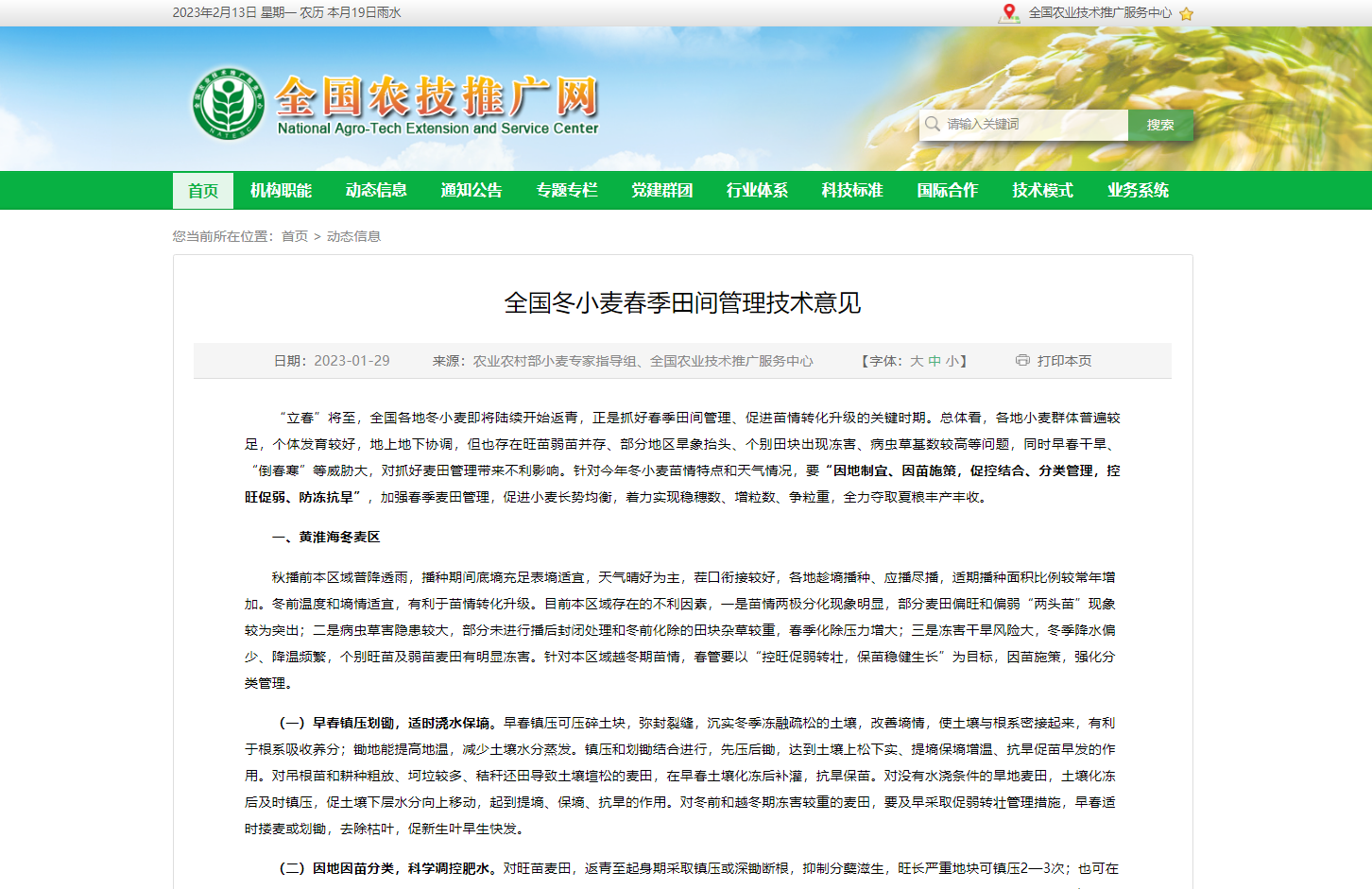 全國冬小麥春季田間管理技術意見